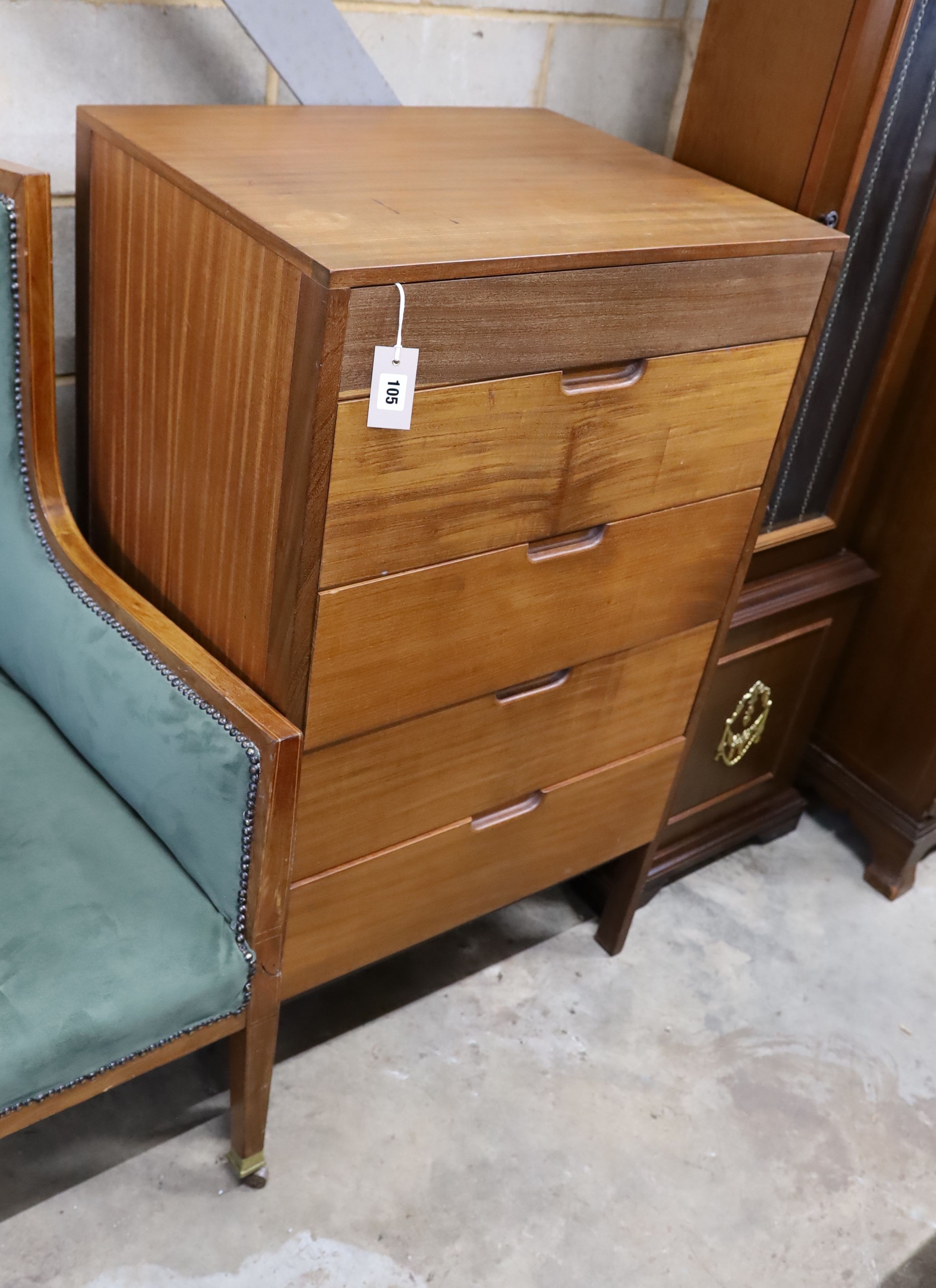 A mid century design teak five drawer chest, width 62cm, depth 51cm, height 108cm